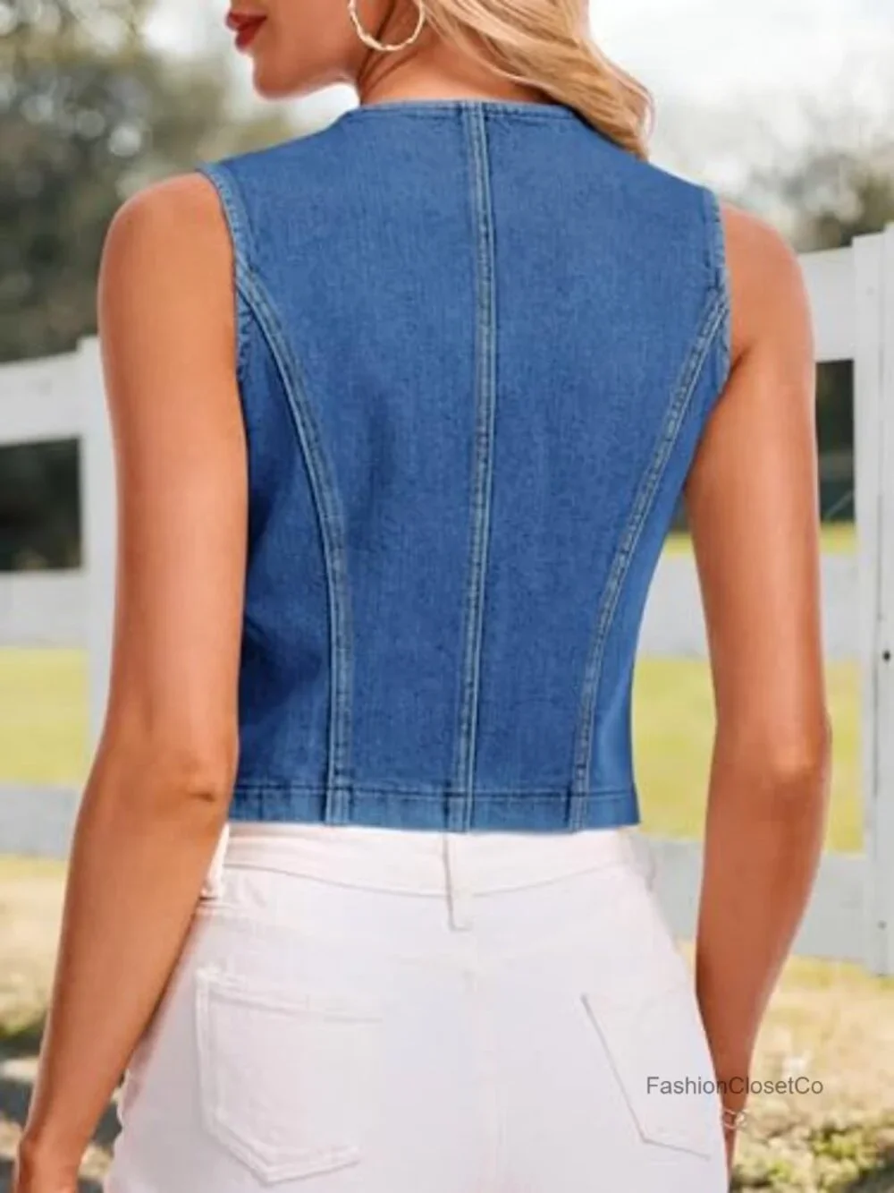 Sleeveless Denim Vest with Pockets Button Down Crop Top Women - Picture 2 of 7